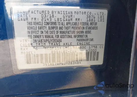 2018 Nissan Sentra S из США, поврежденный, VIN 3N1AB7AP6JY283484